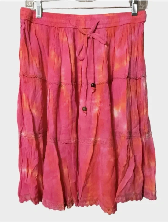 Sacred Threads Pink & Orange Tie-Dye Tiered Midi Skirt - Picture 2 of 8